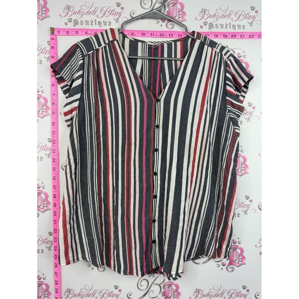 Shirt Striped V-Neck Cap Sleeve Blouse - Black, White & Red
